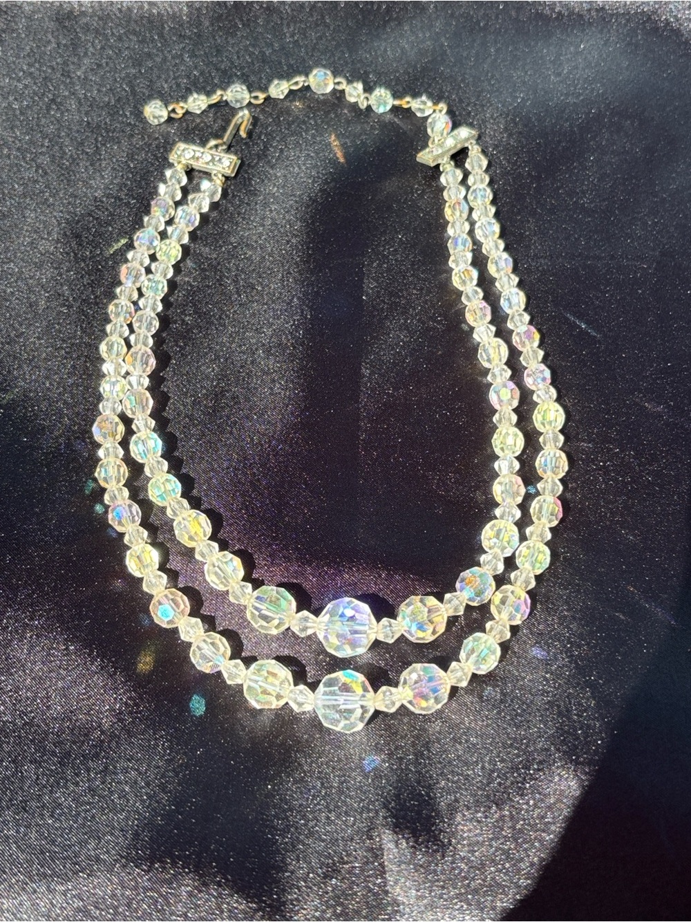Vintage Aurora Borealis Crystal Faceted Double-Strand Necklace Chocker - Picture 1 of 4